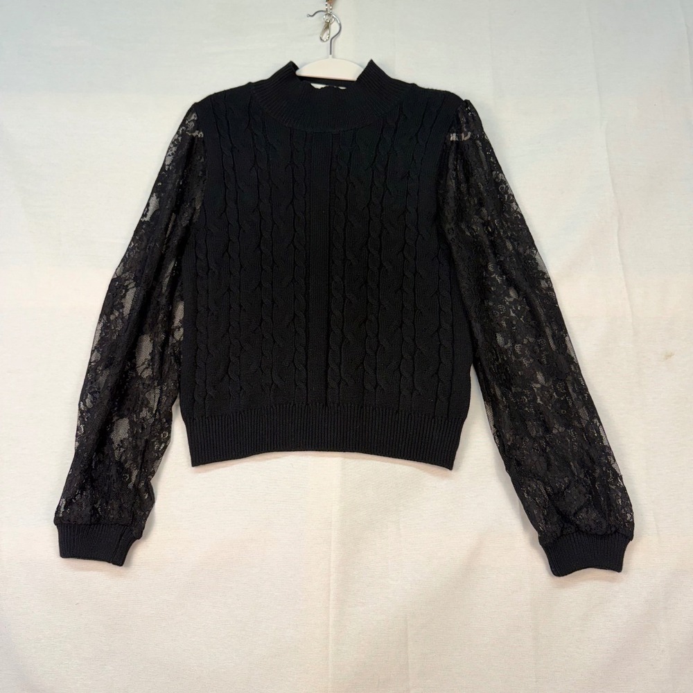Cozy Co. by Cozy Casual Black Cable Knit Mock Neck Sweater Sheer Lace Sleeves M